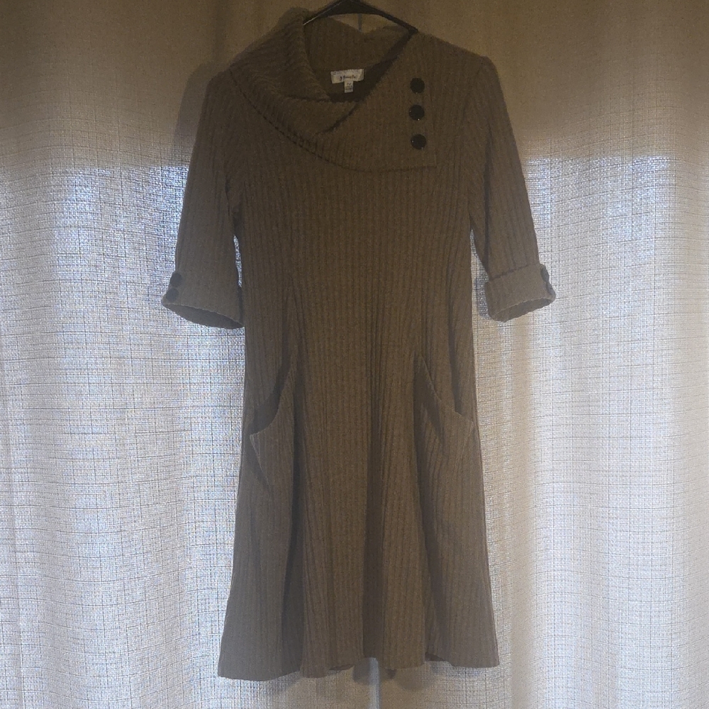 Robbie Bee Brown Long Sleeve Dress with Button Detail